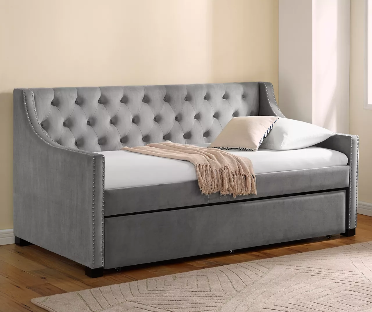 Real Living Gray Upholstered Daybed with Trundle Real Living Gray Upholstered Daybed With Trundle -Home Furniture Store 810457577 810457578