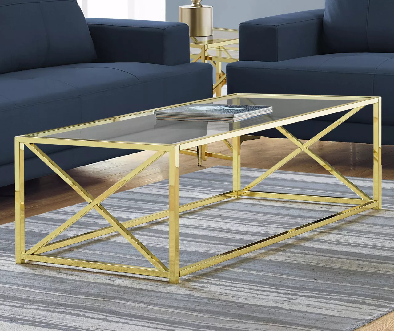 Tempered Glass & Gold Metal X Coffee Table Tempered Glass & Gold Metal X Coffee Table -Home Furniture Store 810542401 1 1