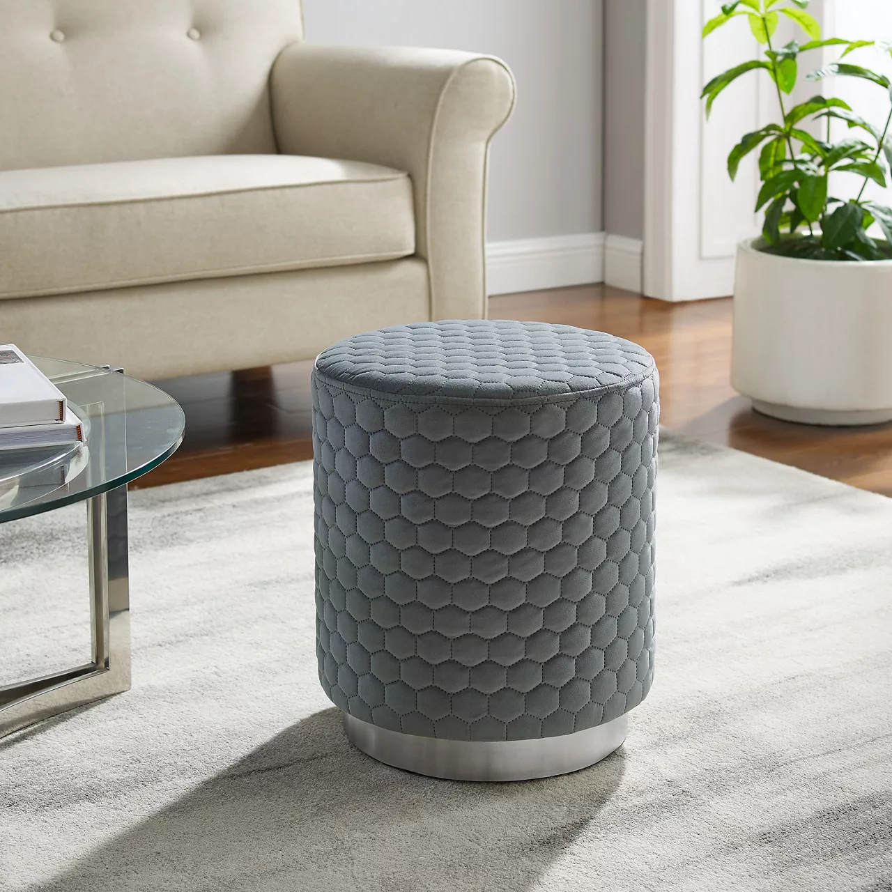 Royal Gray Quilted Ottoman With Silver Base Royal Gray Quilted Ottoman With Silver Base -Home Furniture Store 810543261 2