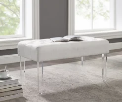 Marie Glitz White Tufted Linen Acrylic Leg Bench -Home Furniture Store 810543267 2