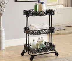 Mabry Black 3-Tier Pierced Floral Rolling Cart -Home Furniture Store 810543382 2